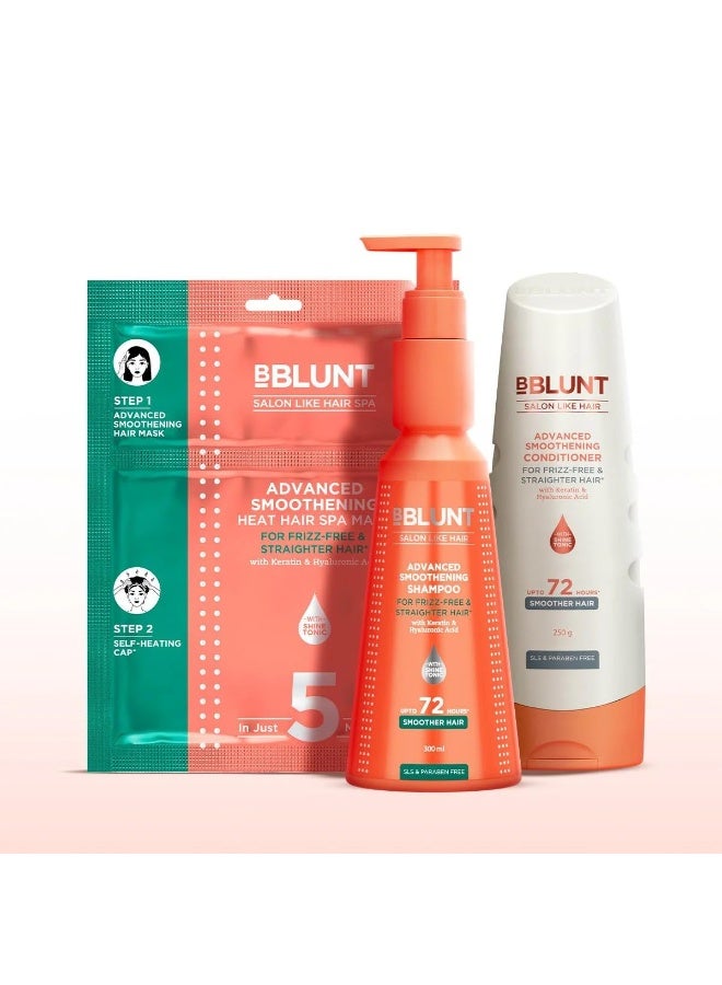 Bblunt Advanced Smoothening Kit | Shampoo - 300 ml + Conditioner - 250 g + Heat Hair Spa Mask - 70 g | Gently Cleanses | Makes Hair Frizz-Free & Straight | Adds Spectacular Shine - Image 1